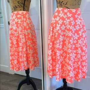 Neon Orange A Line Skirt White Flower Power Pullon Flare 70s Hippie Mod Midi S/M
